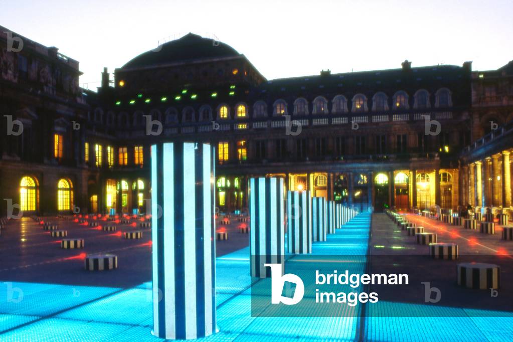 The columns of Daniel Buren, Jardins du Palais Royal, Paris. The columns that grid the court were added in 1986 following a public order from the Ministry of Culture.