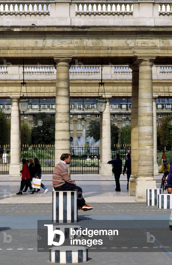 The columns of Daniel Buren, Jardins du Palais Royal, Paris. The columns that grid the court were added in 1986 following a public order from the Ministry of Culture.
