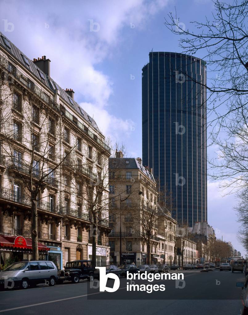 The Maine Montparnasse tower, seen from the boulevard du Maine in Paris. Construction 1969-1972, architects Jean Saubot, Eugene Beaudouin, Urbain Cassan and Louis Hoy