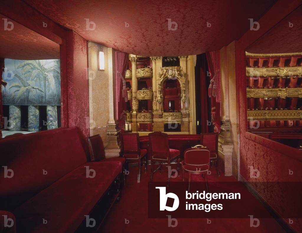 Opera Garnier, 8 rue Scribe, Paris 9. Architecture by Charles Garnier, 1862-1875. The red and gold room is very characteristic of its period; it has five storeys of loges.Photography 1993.