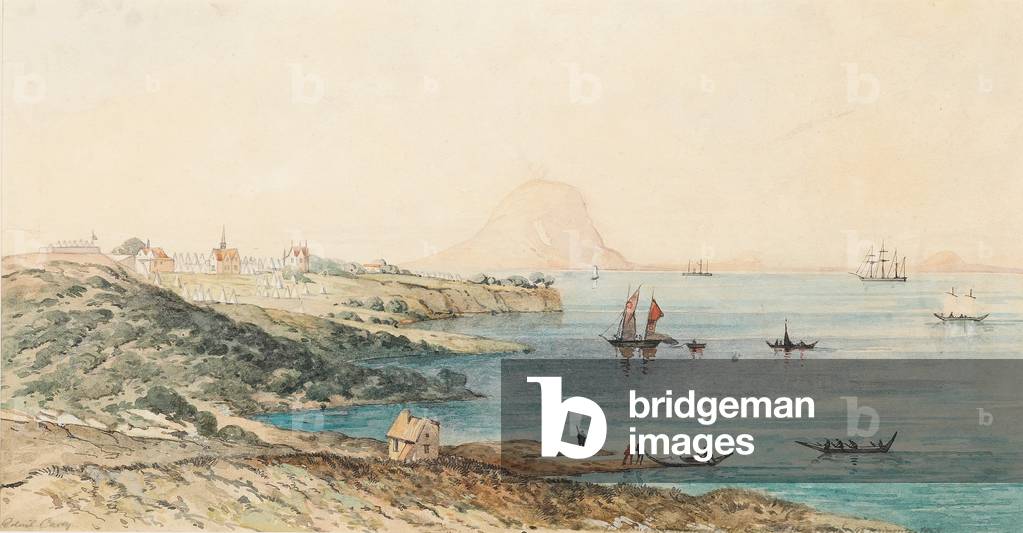 Tauranga Harbour and camp at 64th & 43rd regiments, 1863 (w/c on paper) 