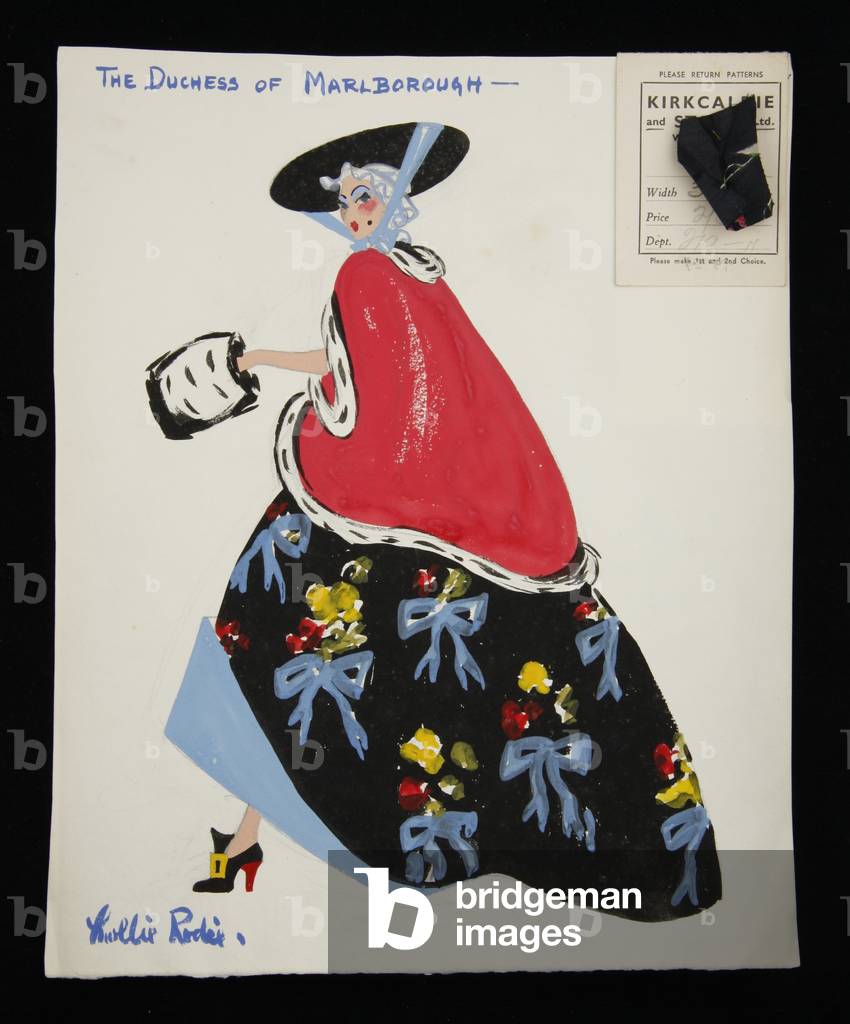 'The Duchess of Marlborough' costume design for 'Pageant of British Queens', 1941 (w/c on paper with cloth sample)