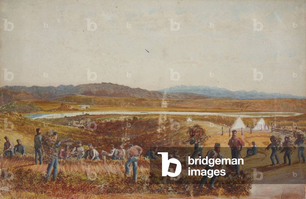Building a redoubt at the Wairoa, Tauranga, 1864 (w/c on paper) 