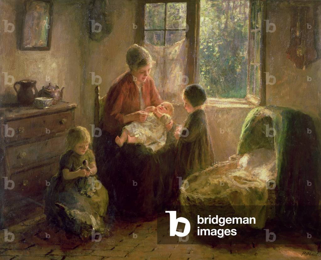Immagine di Dipinto "Interno olandese con madre e figli (olio su tela)", 20th Secolo di Bernard Jean Corneille