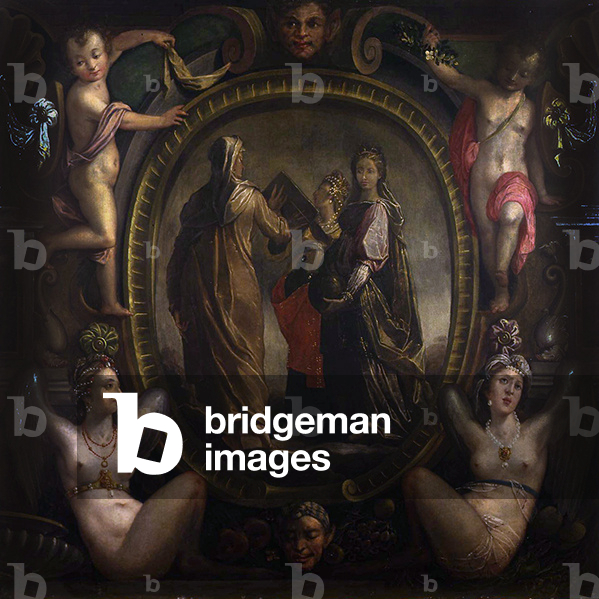 Three allegorical figures in a cartouche (oil on canvas)
