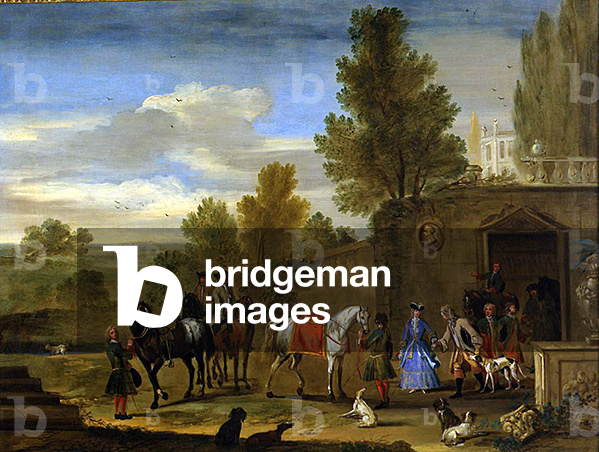 Equestrian group outside the walls of a castle (oil on canvas)