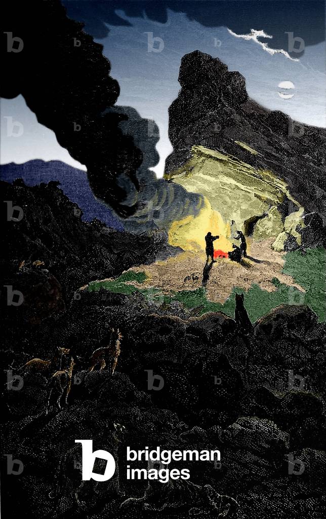 Prehistory: A cave at night, at the time of the big bear and mammoth. Age of the Palaeolithic. Engraving from 1870.