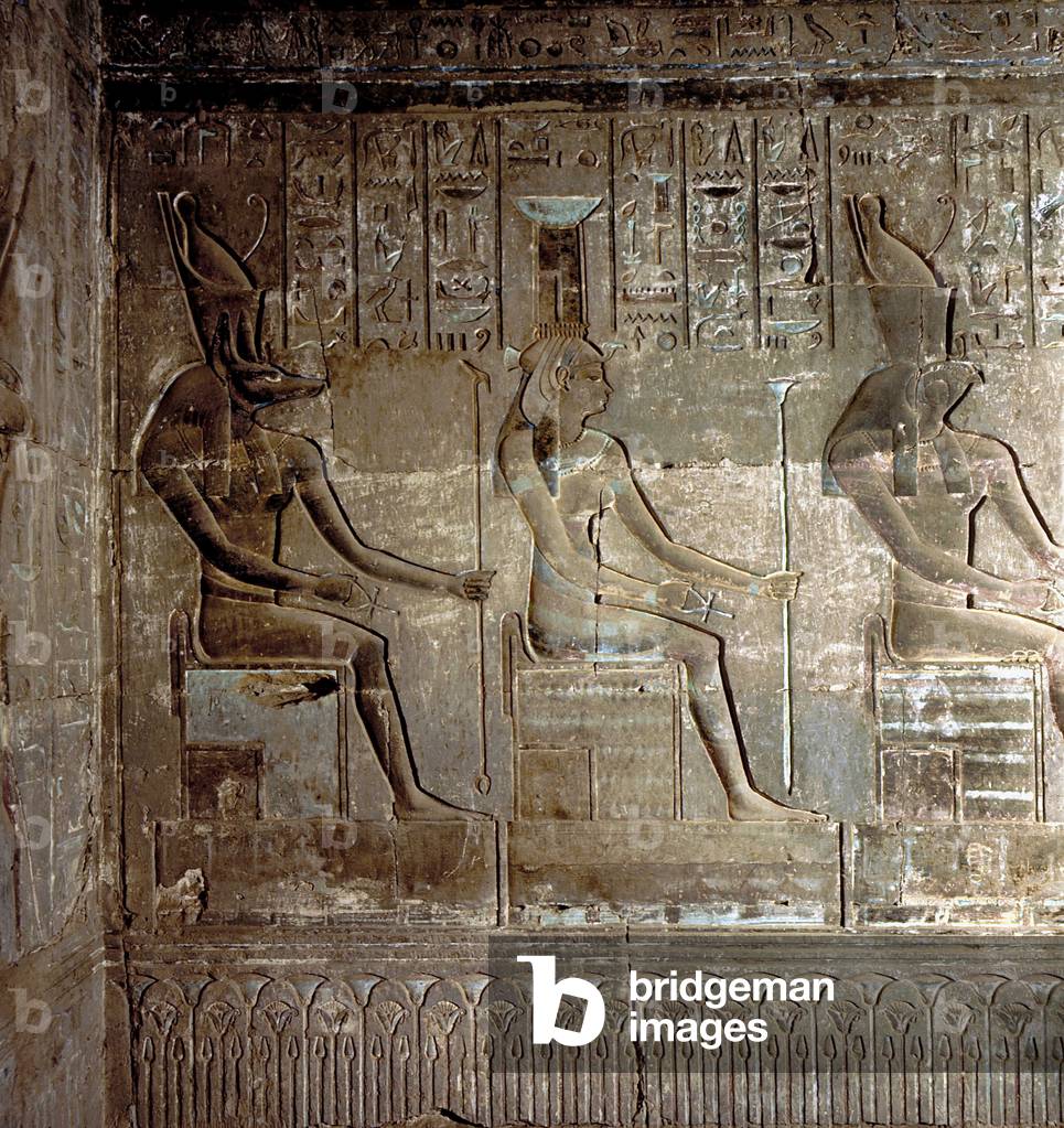 Luxor Thebes: Deir el Medineh, Ptolemaic temple, Gods Anubis, Isis and Horus