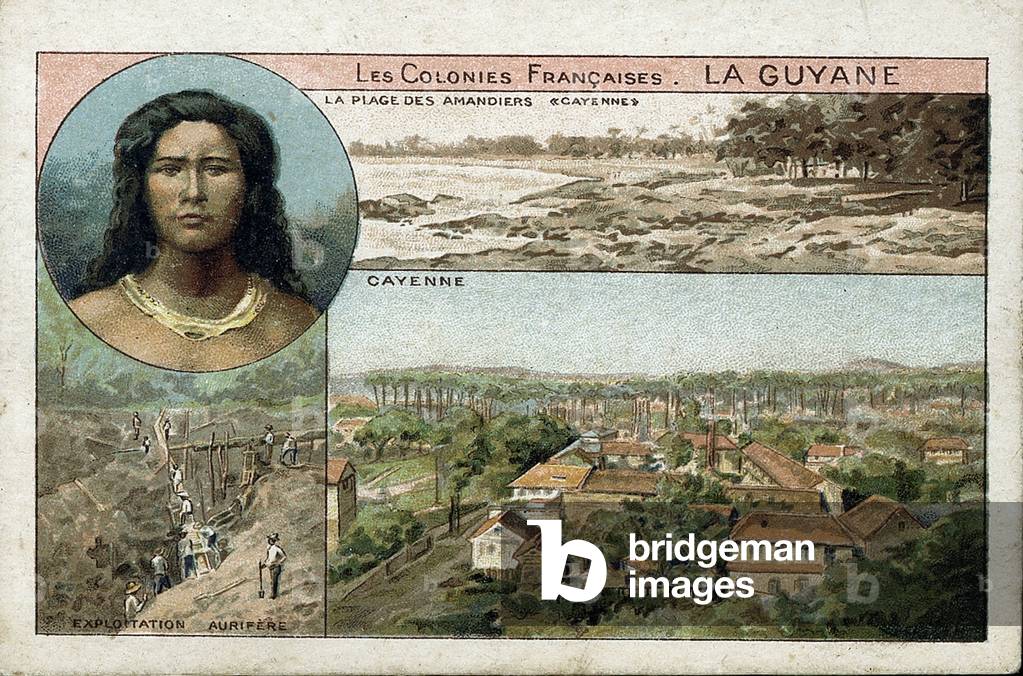 Postcard on French Guiana: French colony. Portrait of an indigenous woman, seen from Cayenne and a gold mine. Chromolithography