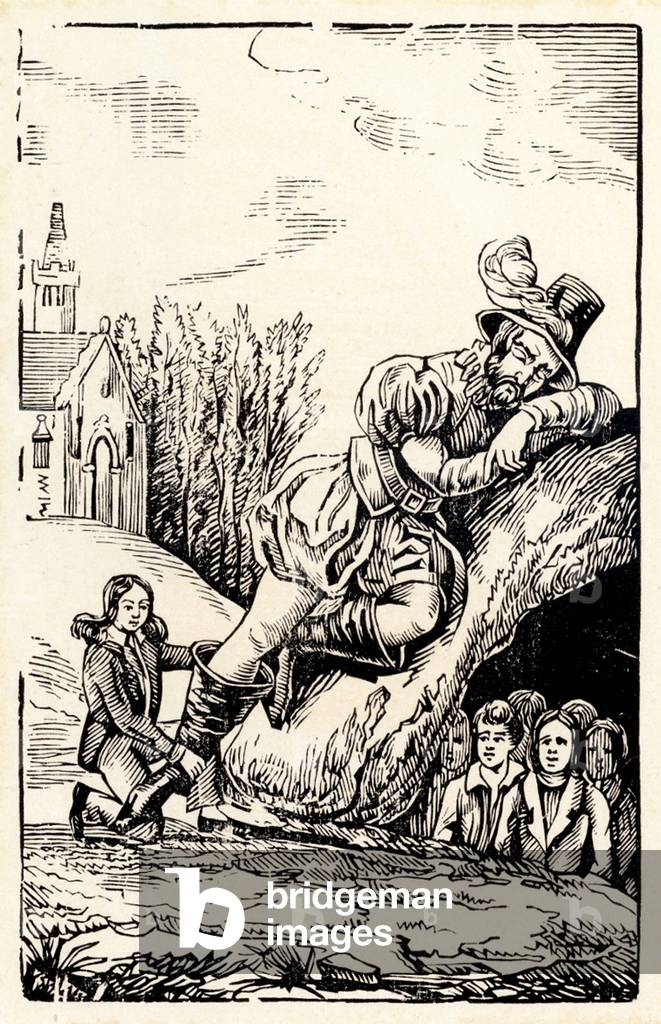 The little Poucet flying the boots of the giant, 19th century (Epinal print)
