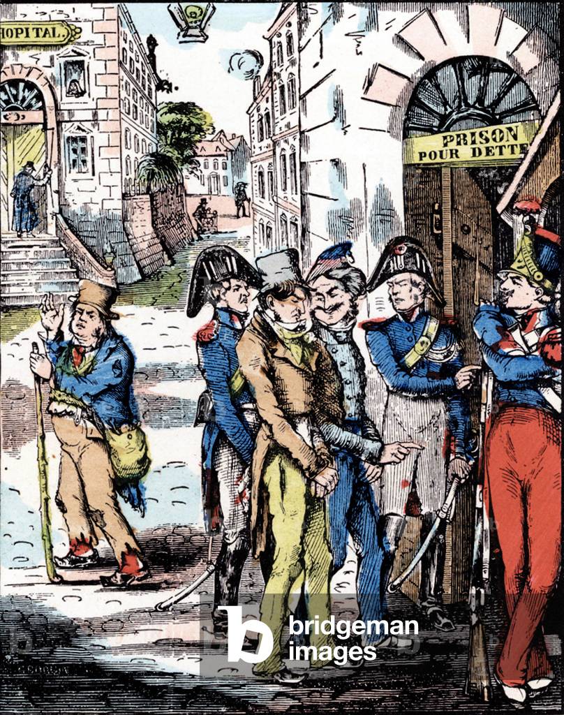 A person, unable to pay his debts, enters prison, 19th century (Epinal print)