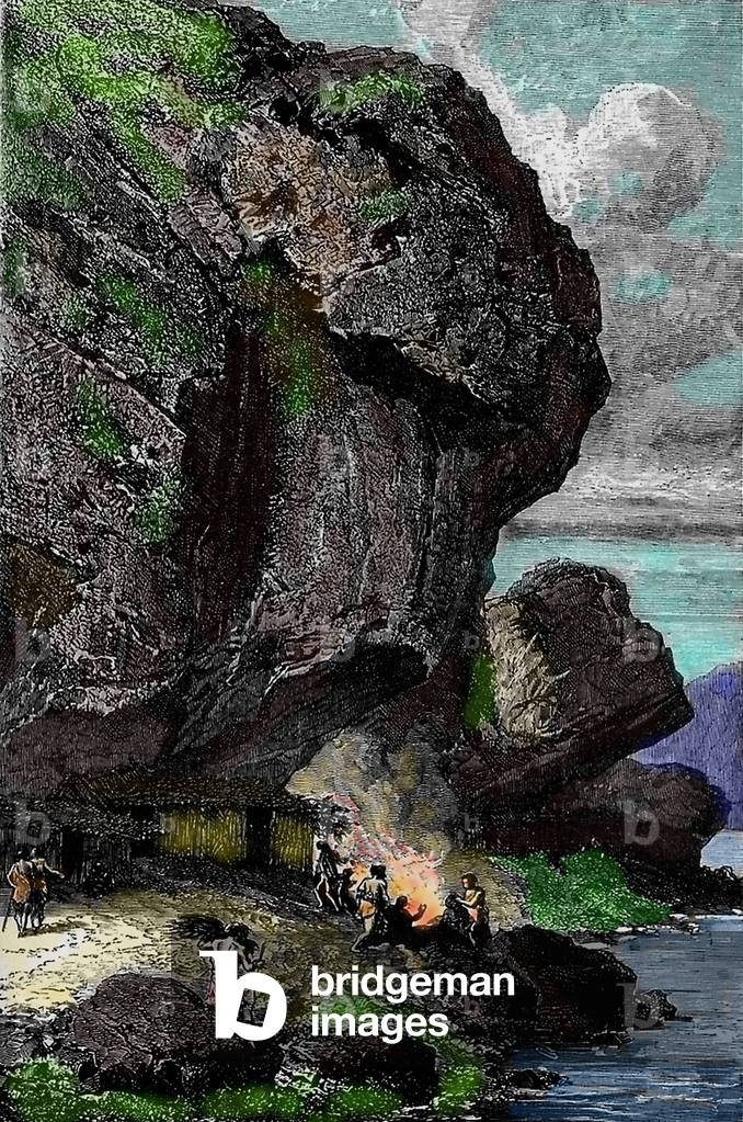 Prehistory: Shelter under rock, habitation of man, in the era of reindeer. Age of the Palaeolithic. Engraving from 1870.