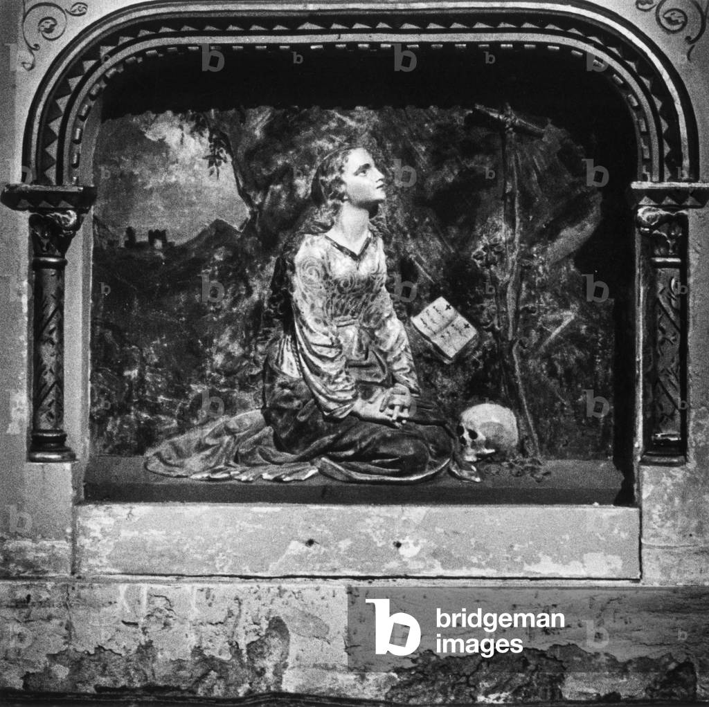 Bas-relief beneath the altar, Church of Saint Mary Magdalen, Rennes-Le-Chateau, the Pyrenees, France (b/w photo)