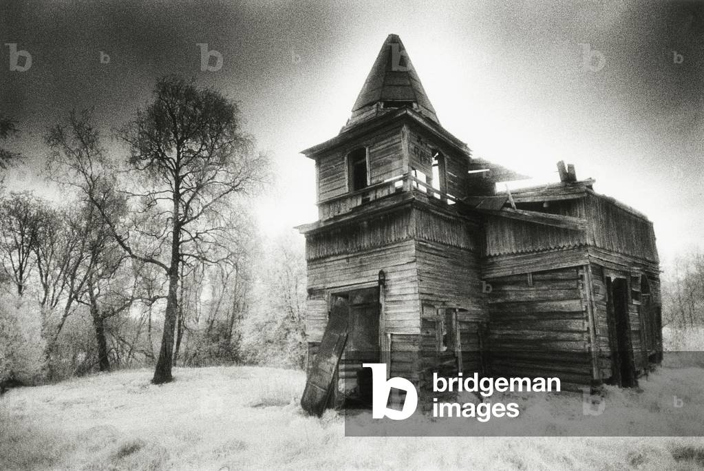 Ruined Wooden Church, Kaibolovo, Kingisepp District, St Petersburg, Russia (b/w photo)