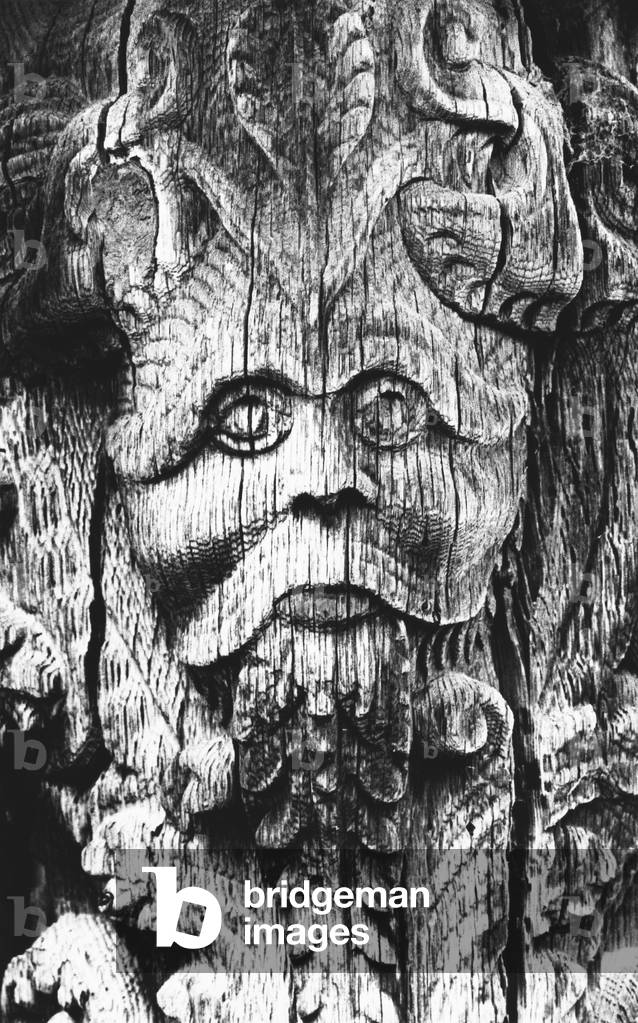 Wooden Head, The Gatehouse, Stokesay Castle, Shropshire, England (b/w photo)