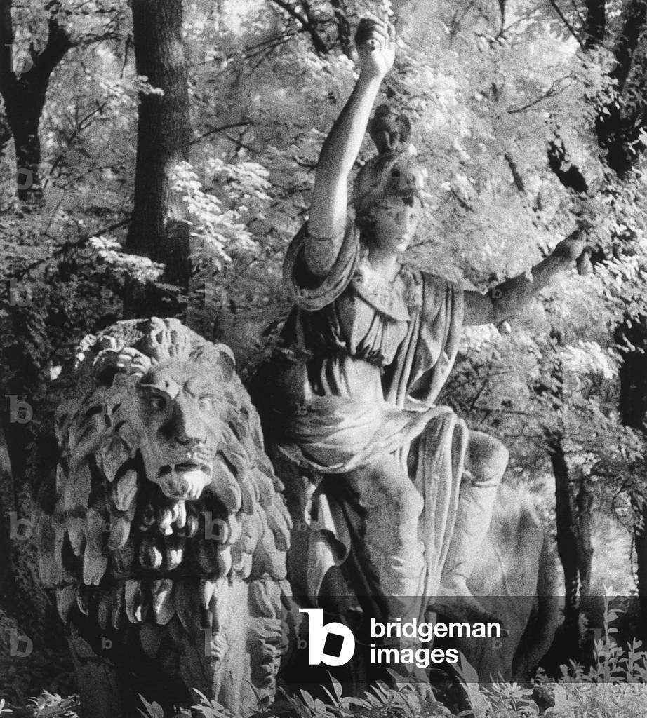 Statue in the Giardini Pubblici, Castello, Venice, Italy (b/w photo)