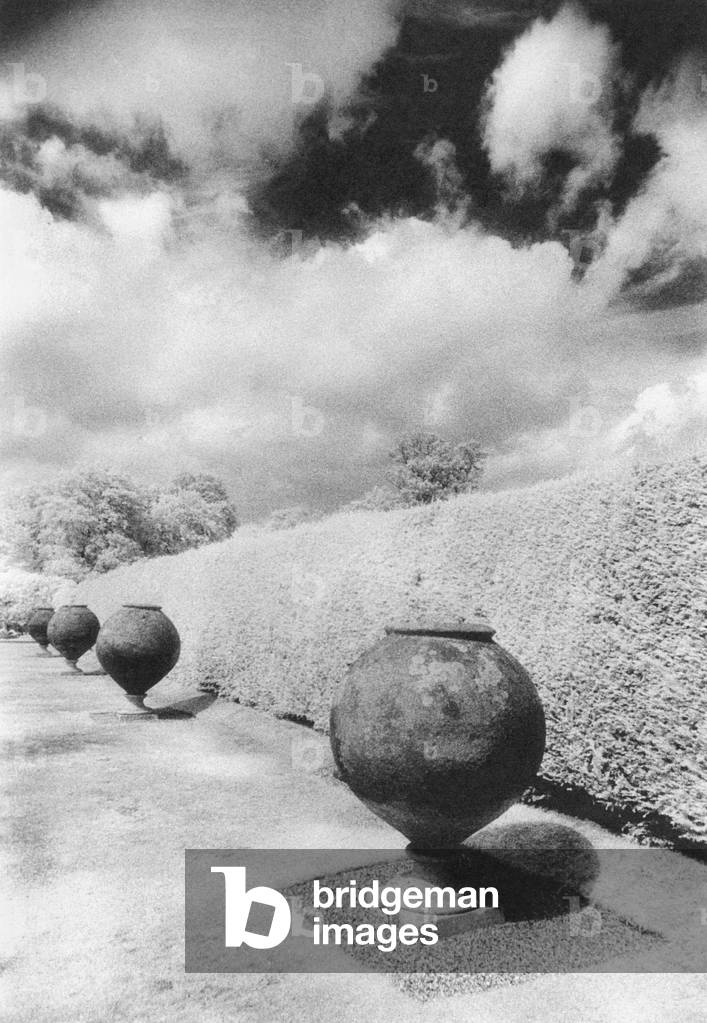 Urns, Italian Garden, Hever Castle, Kent, England (b/w photo)