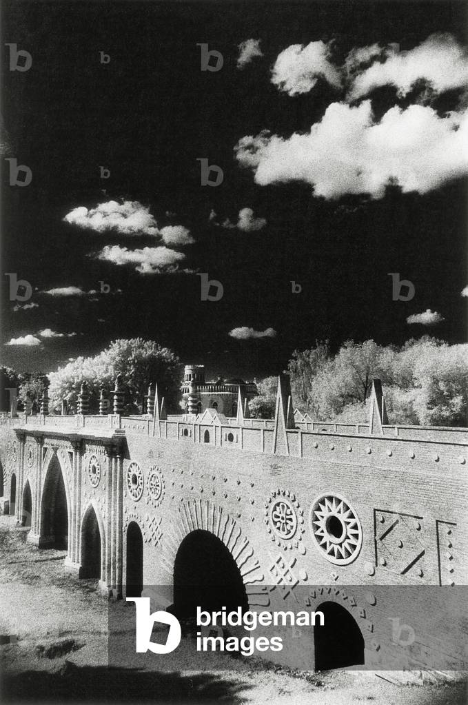 Decorative Bridge, Tsaritsyno Palace, Moscow, Russia (b/w photo)
