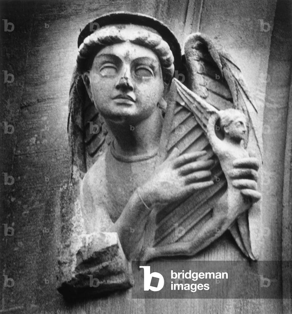Figure, St Andrew's Church, Toddington, Gloucestershire, England (b/w photo)