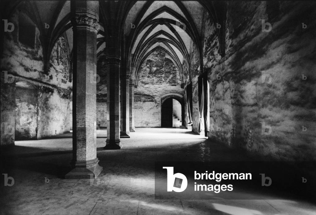 The Great Hall, Corvin Castle, Transylvania, Romania (b/w photo)