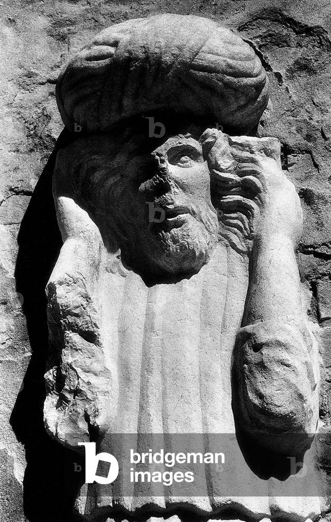 Statue of a Moor in Campo dei Mori, Cannaregio, Venice, Italy (b/w photo)
