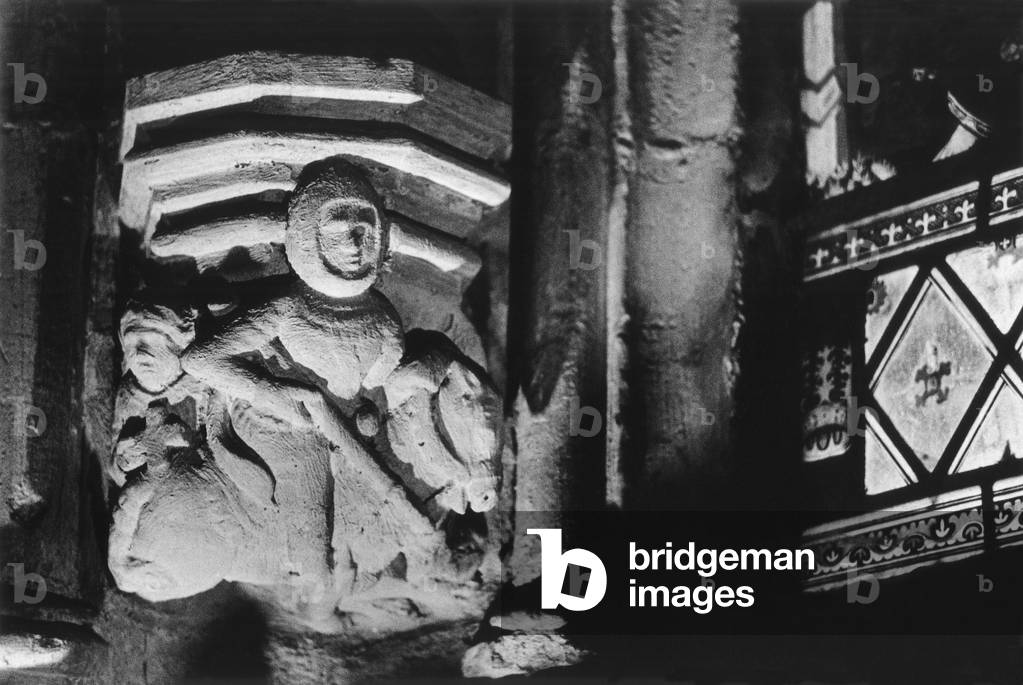 Figure of a Knights Templar on horseback, Rosslyn Chapel, Rosslyn, Edinburgh, Scotland (b/w photo)