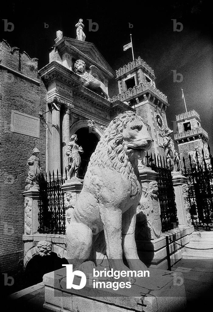 Lions outside tne gates of the Arsenale, Venice, Italy (b/w photo)