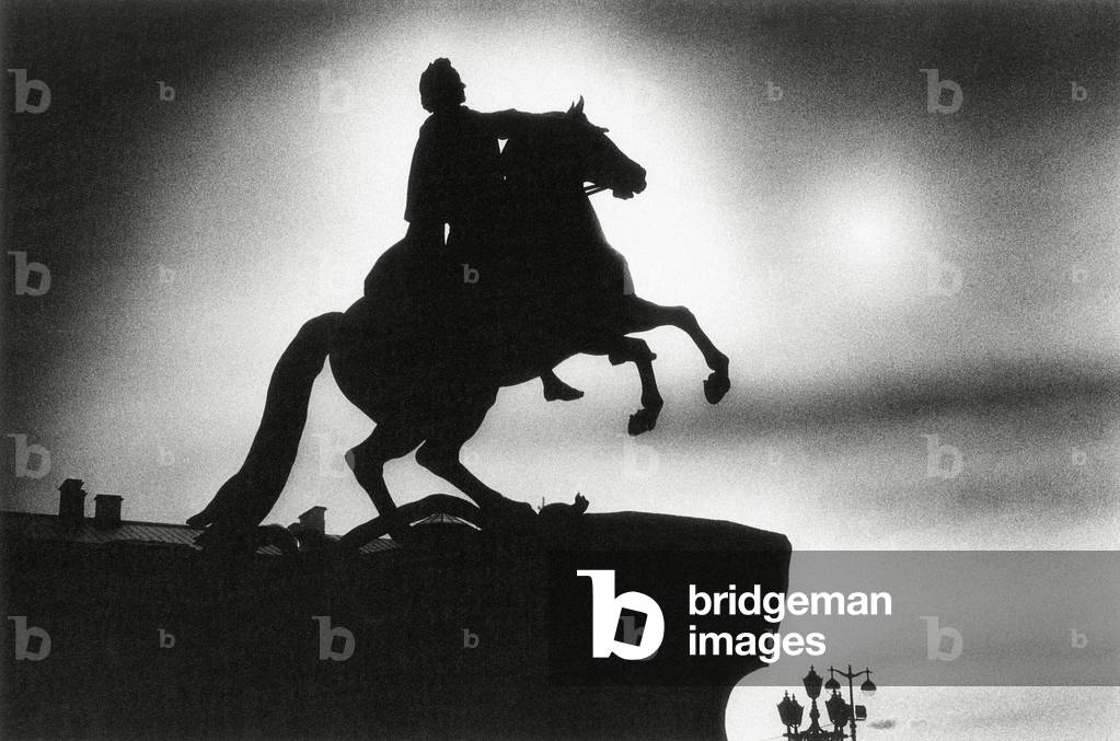 The Bronze Horseman, Equestrian Statue of Peter the Great, Decembrists Square, St Petersburg, Russia (b/w photo)