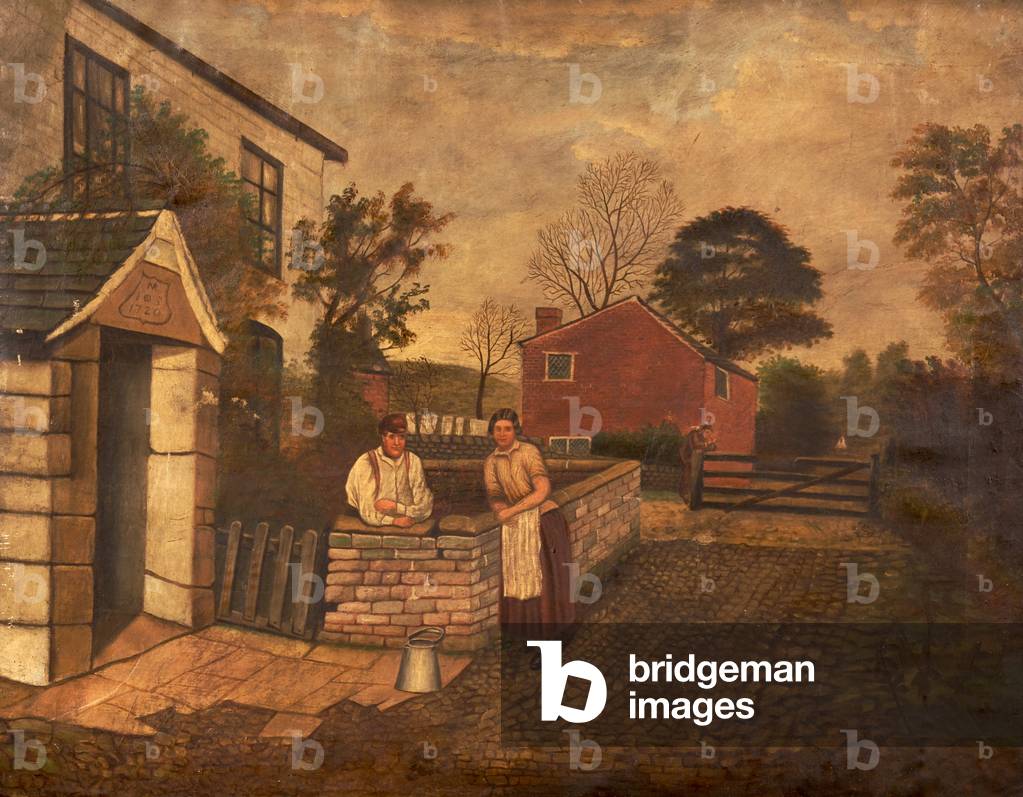 Untitled (three figures outside a Cottage dated 1720), c.1830-70 (oil on canvas)