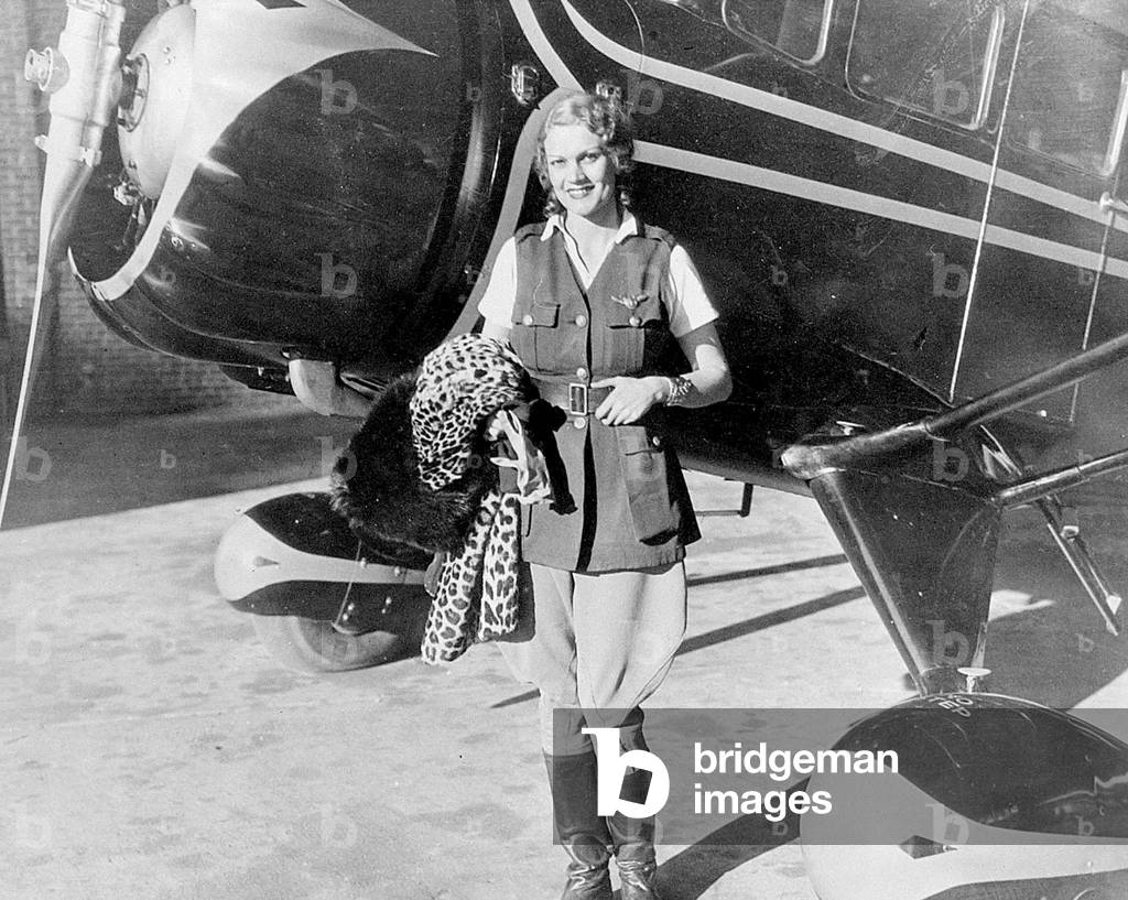 Aloha Wanderwell at Roosevelt aerodrome in Long Island, New York, 1934 (b/w photo)