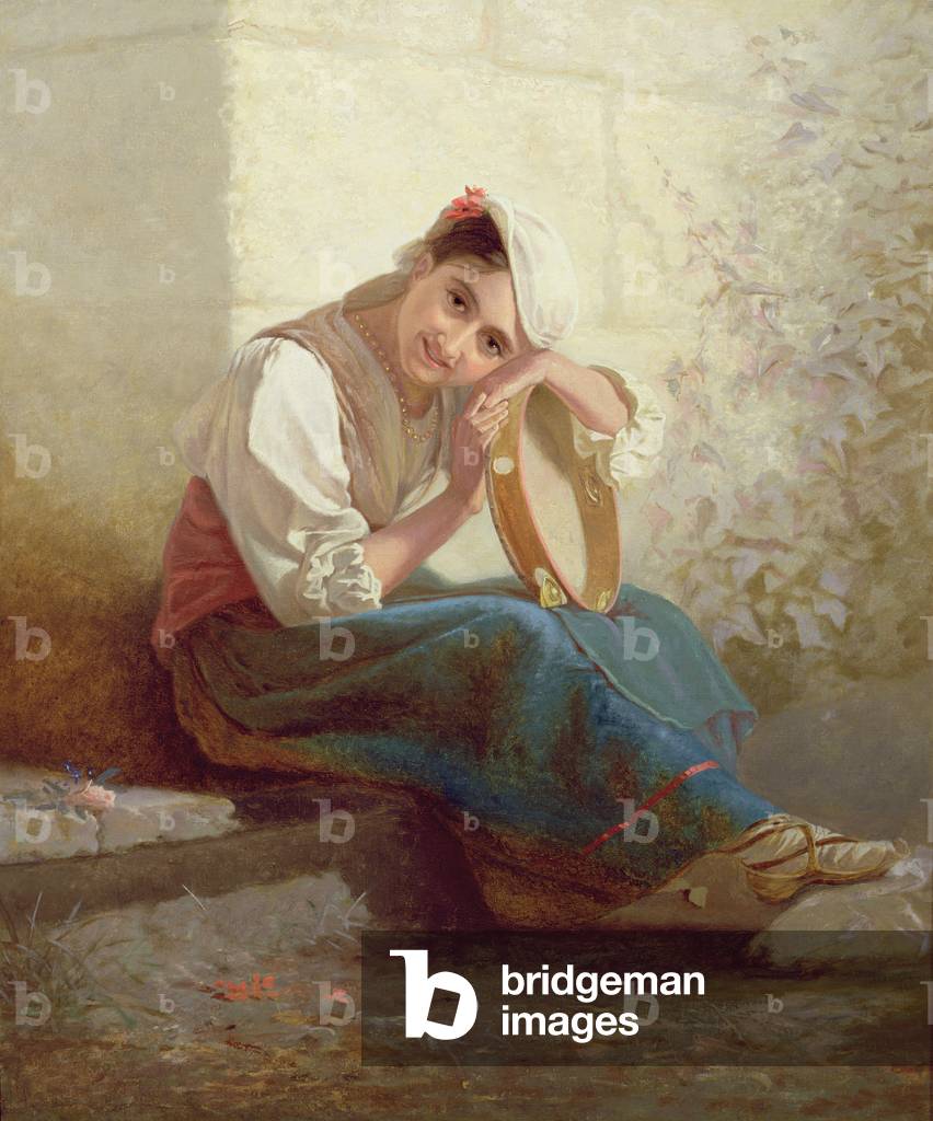 Girl with a Tambourine (oil on canvas) (pair of 89633)