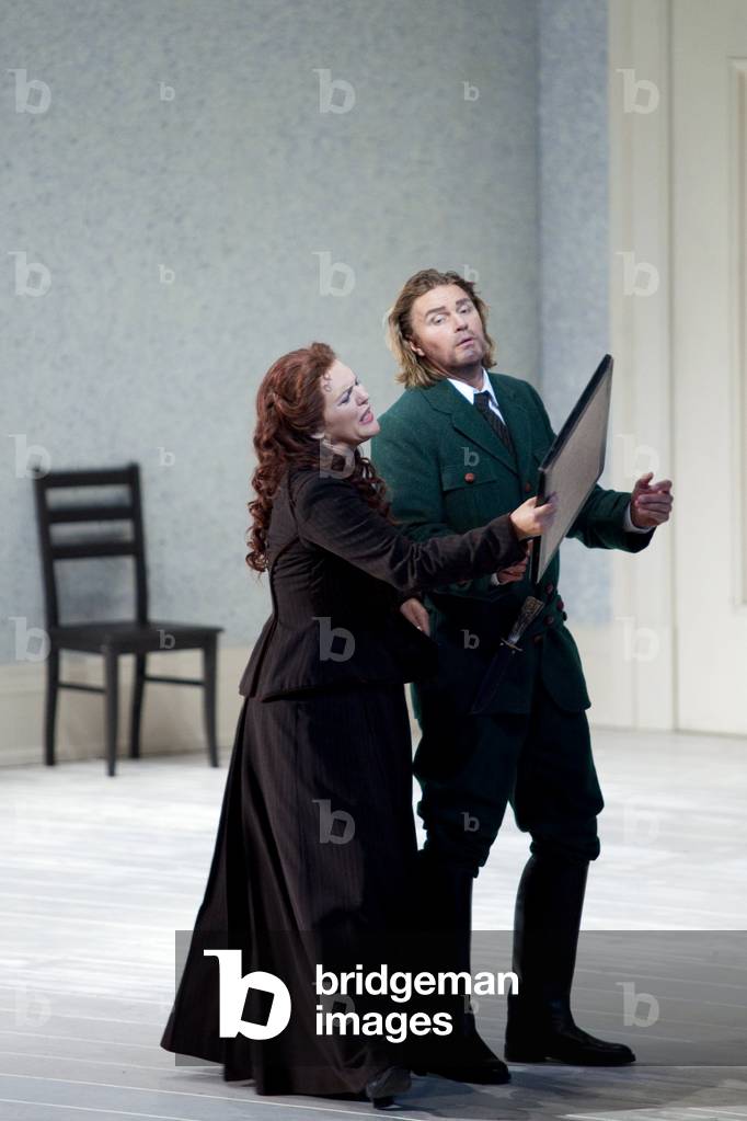 Adrianne Pieczonka (Senta) and Klaus Florian Vogt (Erik). The ghost ship, Richard Wagner's opera at Opera Bastille, September 2010. Orchestra and choir of the Opera de Paris directed by Peter Schneider and directed by Willy Decker. Photography