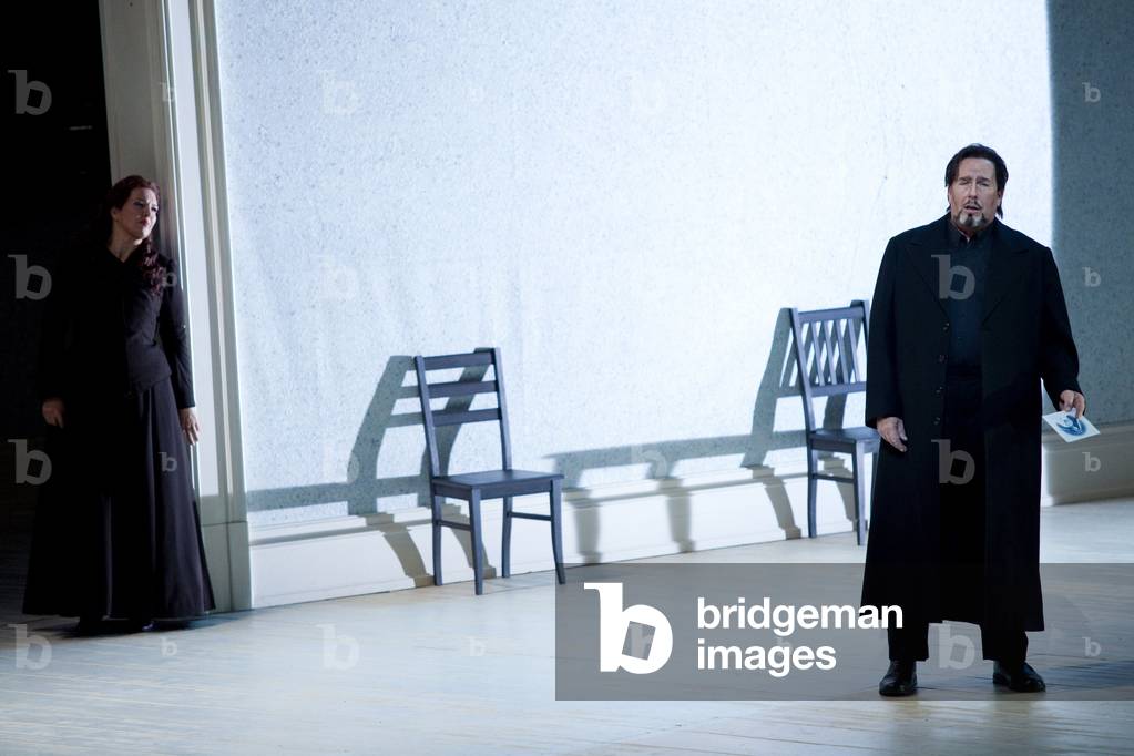 Adrianne Pieczonka (Senta) and James Morris (Der Hollander). The ghost ship, Richard Wagner's opera at Opera Bastille, September 2010. Orchestra and choir of the Opera de Paris directed by Peter Schneider and directed by Willy Decker. Photography