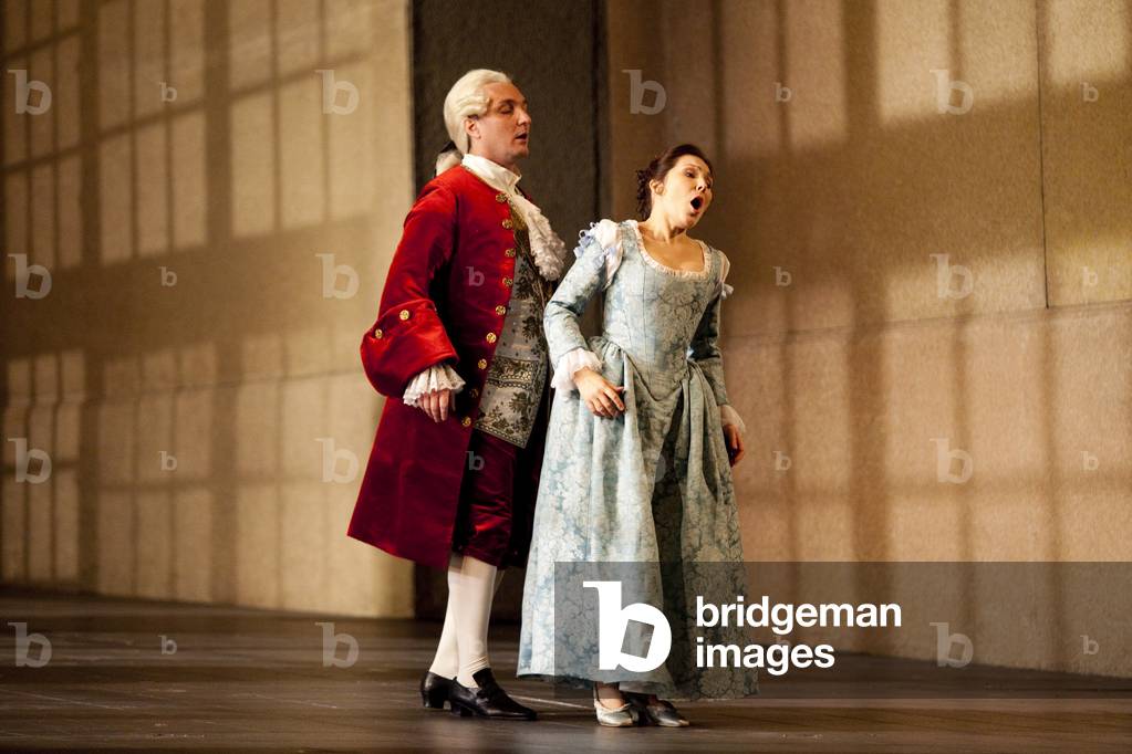 Ludovic Tezier (Il Conte di Almaviva) and Ekaterina Syurina (Susanna). Les Noces de Figaro, opera by Wolfgang Amadeus Mozart at opera Bastille, October 2010. Orchestra and choir of the Opera de Paris directed by Philippe Jordan and directed by Giorgio Strehler. Photography