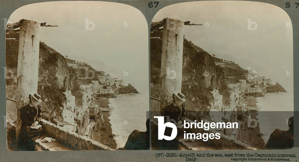 The coast of Amalfi and the Bay of Salerno from a converted convent, a stereoscopic view (sepia photo)