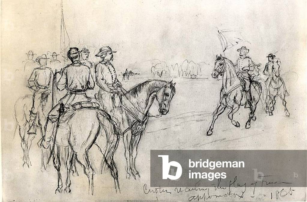 Custer receiving the Flag of Freedom, Appomattox, 1865 (pencil on paper) (b/w photo)