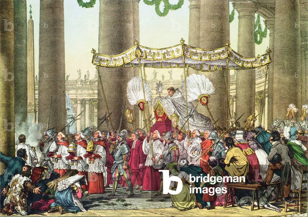 La processione papale nella festa del Corpus Domini, incisa da Francois Alexandre Villain (1798-1884) (incisio