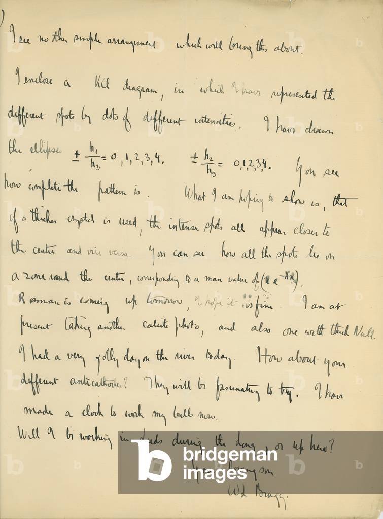 Letter from Lawrence to William Bragg, including analysis of his latest x-ray photographs of crystals of potassium chloride, leading towards the development of his equation, c.1912 (pen & ink on paper)