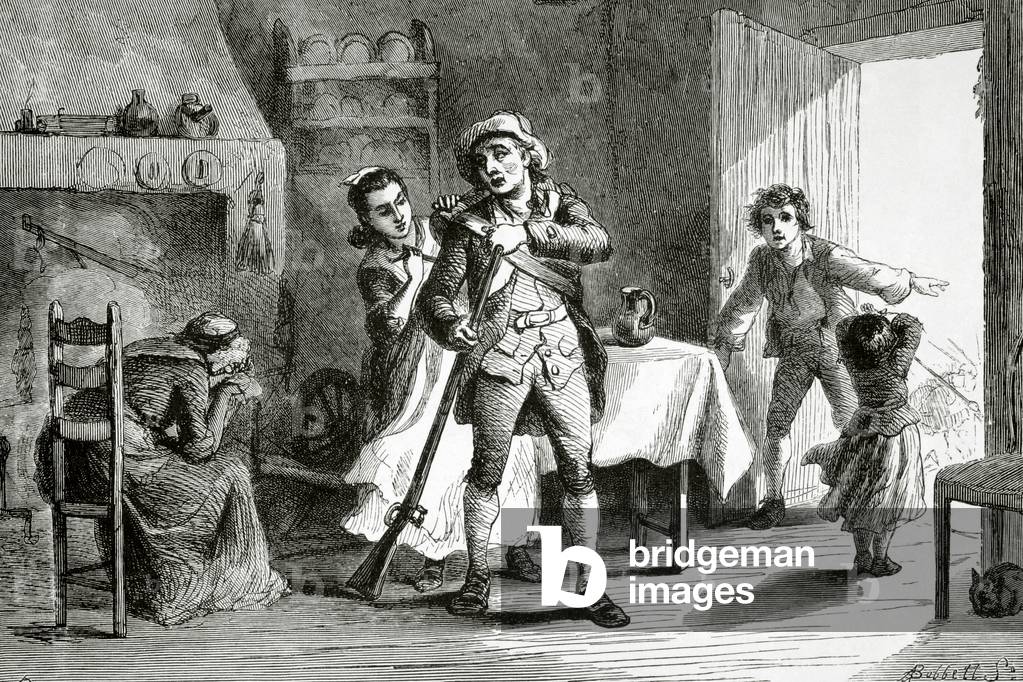 American Revolutionary War (1775-1783). Militiaman preparing his departure toward the battles of Lexington and Concord (April 1775), under the dismay of his family  (engraving)
