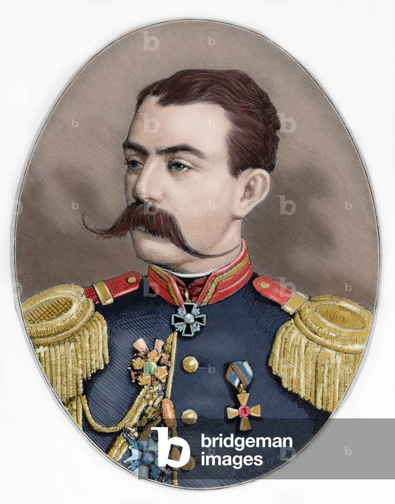 Russian general Astrukoff. Colored engraving, 1877.