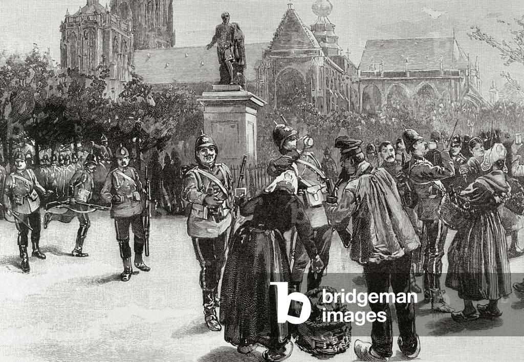 The Great War of 1892, English troops at Verte Square, Antwerp (engraving)