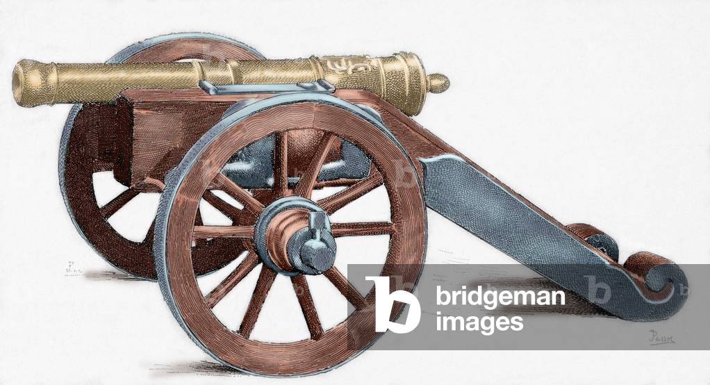 Cast-iron cannon from the 18th century. Engraving.