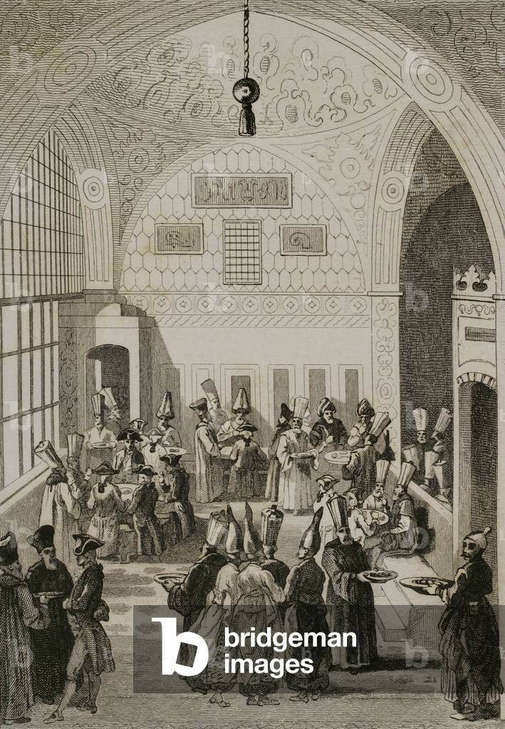 Dinner for a European ambassador at the Grand Vizier's court, Constantinople, 1840 (Engraving)
