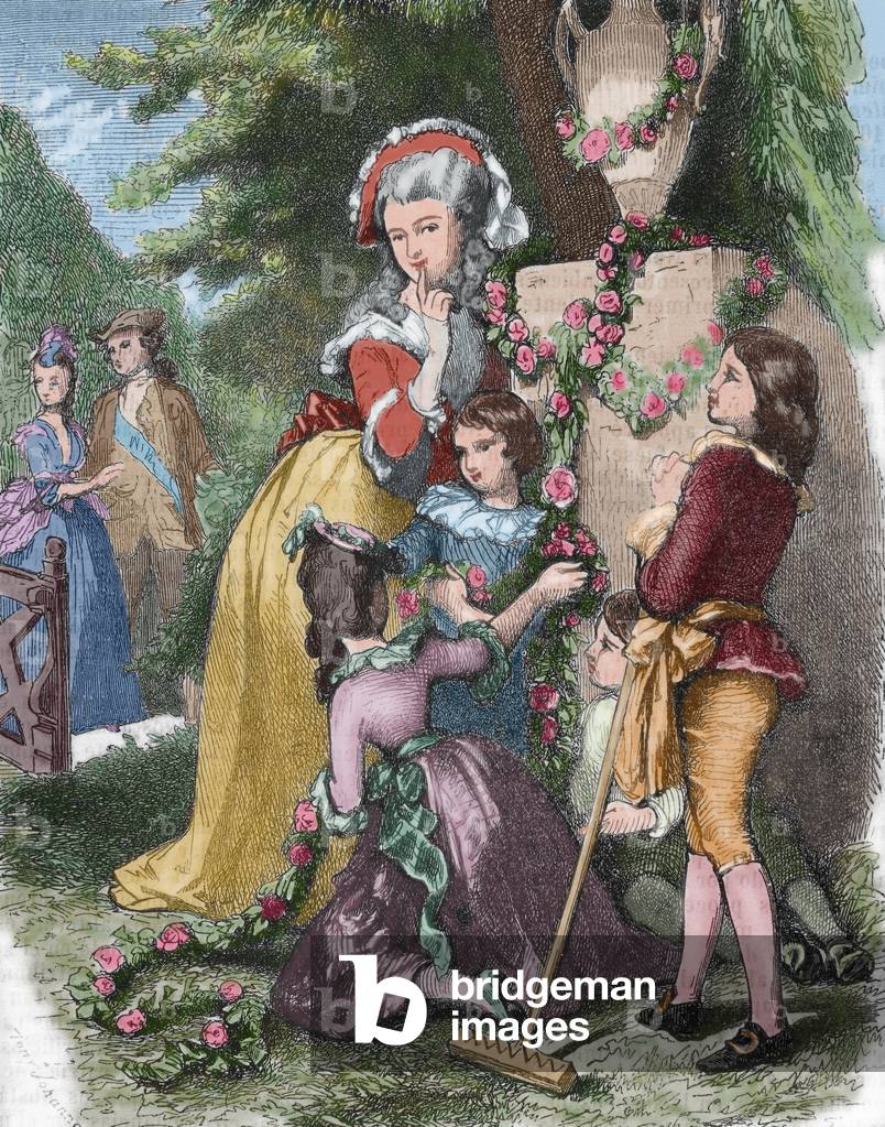 Marie Antoinette (1755-1793) with her children in Trianon, 1868 (colour engraving)