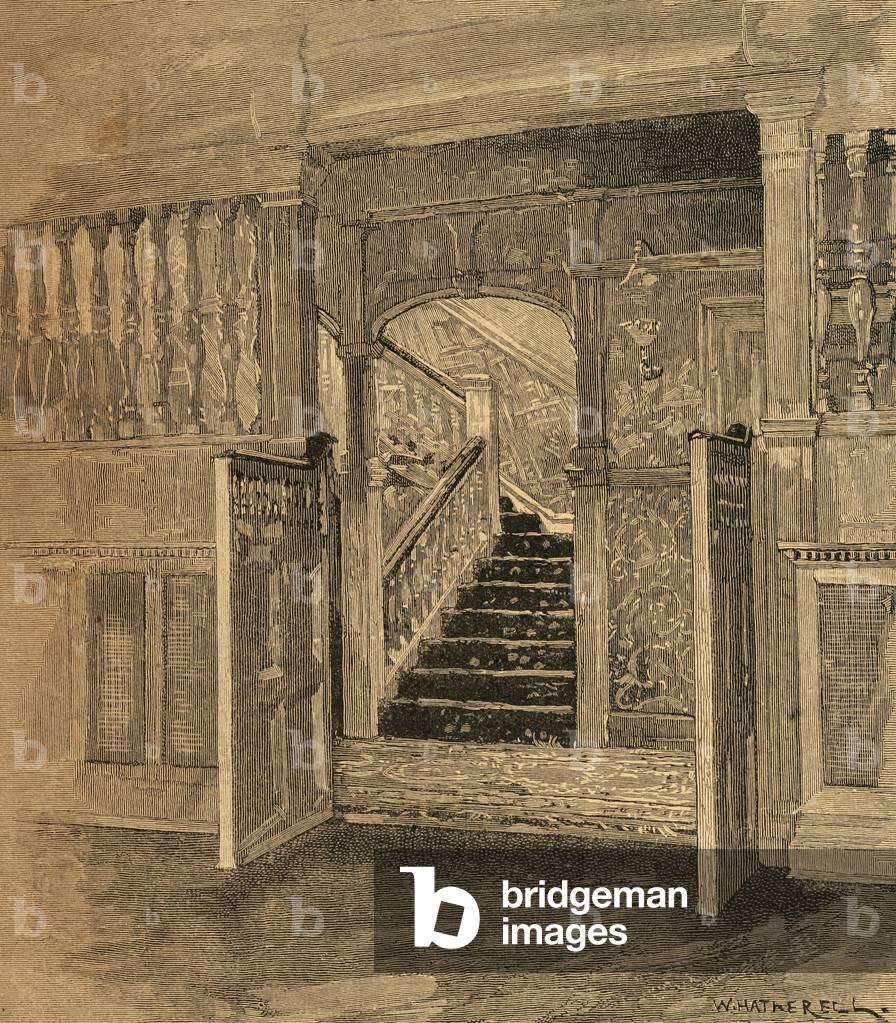 The house of the english painter Frank Holl (1845-1888). The staircase. Engraving.
