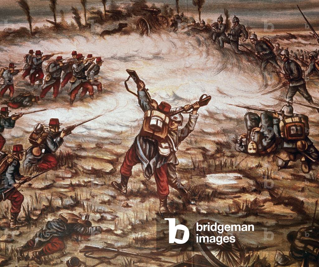 WORLD WAR (1914-1918). Battle between German and French troops. Drawing.