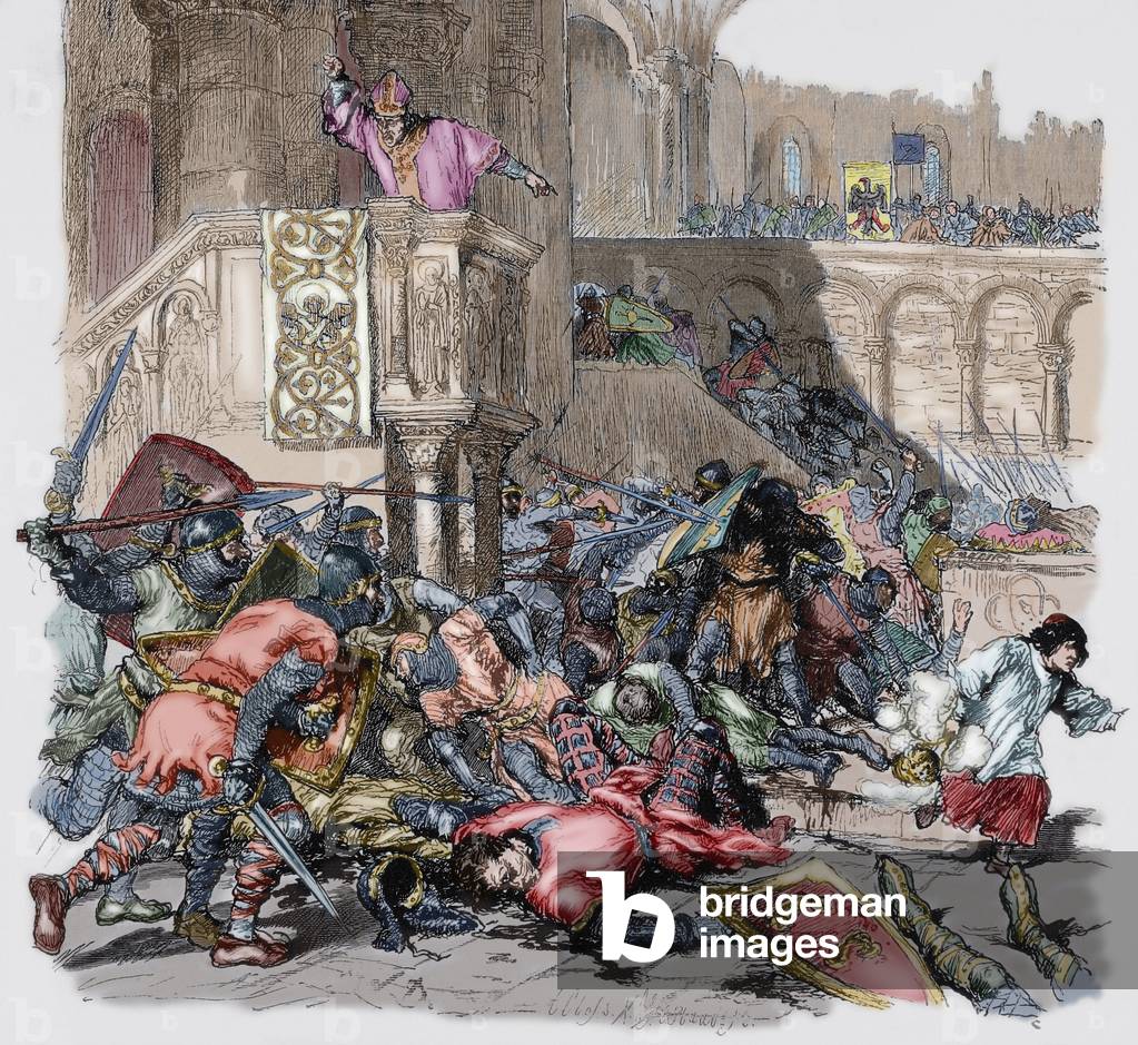 The bishop Hezel of Hildesheim (Hezilo, Hezelo, Hettilo or Ethilo) (between 1020 and 1025-1079) inciting his followers to battle, in front of the cathedral of Goslar (Germany), in 1063 - Engraved by A. Cross, from Germania, 1882 - (Hezel of Hildesheim (1025-1079), Bishop of Hildesheim, inessheim, in, inessheim) citing his supporters to the fight - Engraved by A. Cross in Germania, 1882, Colored)