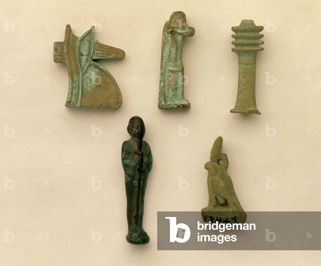 Egyptian art. Ceramic amulets found in graves or near mummies. National Archeological Museum, Madrid