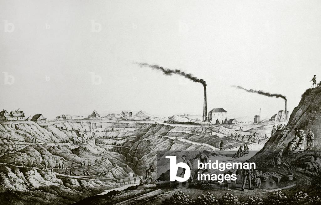 Panoramic of the Scharley zinc ore mine in the Bytom area, Silesia, Poland, 19th century (engraving)