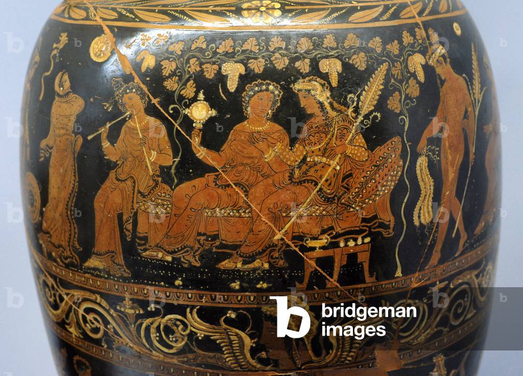 Dionysos with Ariadne on a banquet under vines, Loutrophoros (for lustral water), Detail